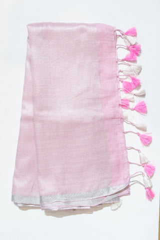 Baby Pink And Silver Pure Linen Saree
