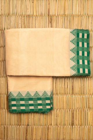 Off White Kanchi Cotton Saree with Aqua Green Checkered Temple Border