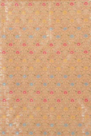 Peach gold Banarasi art silk dupatta with blue, pink and yellow floral meenakari motifs and gold zari border
