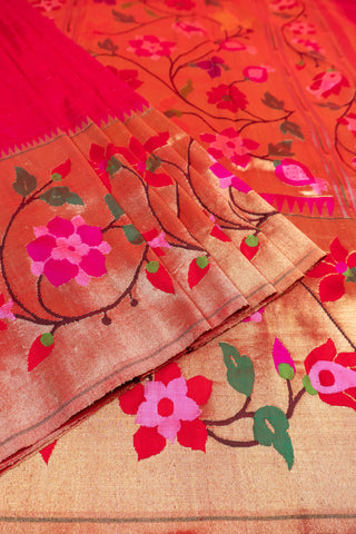 Ruby Pink Pure Silk Paithani Saree with peacocks and floral motifs