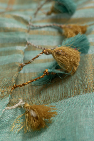 Aqua green handloom linen saree with gold zari
