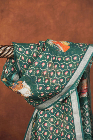 Bottle green linen dupatta with geometric lattice digital print, pink florals, silver zari selvage and tassels