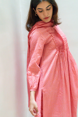 Pink  Bandhani Cotton Satin Suit with Dupatta