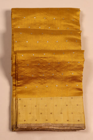 Mustard Yellow Chanderi Silk Saree with buttas and two-toned border