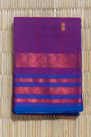 Magenta and Blue Chettinad Cotton Saree with Copper Zari Border