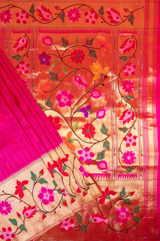 Ruby Pink Pure Silk Paithani Saree with peacocks and floral motifs