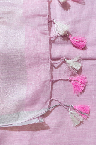 Baby Pink And Silver Pure Linen Saree