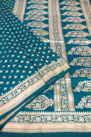 Teal Blue Handloom Banarasi Pure Katan Silk Saree