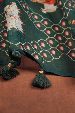 Bottle green linen dupatta with geometric lattice digital print, pink florals, silver zari selvage and tassels