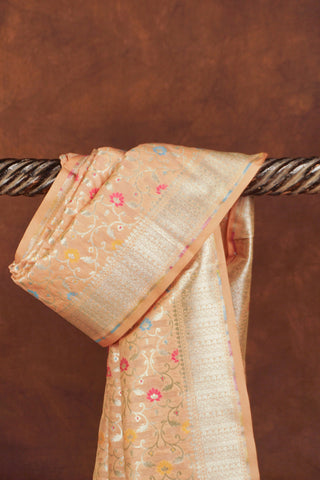 Peach gold Banarasi art silk dupatta with blue, pink and yellow floral meenakari motifs and gold zari border