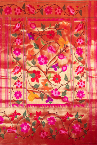 Ruby Pink Pure Silk Paithani Saree with peacocks and floral motifs