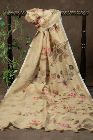 Linen dupatta with floral digital print and silver border	