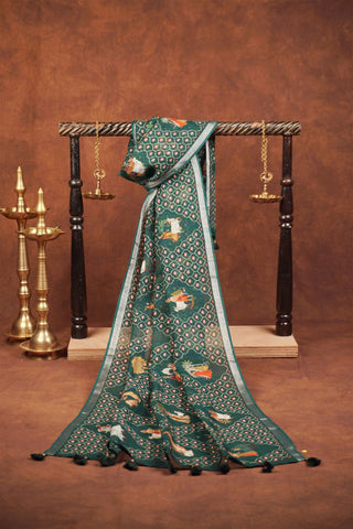 Bottle green linen dupatta with geometric lattice digital print, pink florals, silver zari selvage and tassels