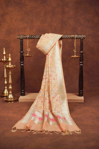 Peach gold Banarasi art silk dupatta with blue, pink and yellow floral meenakari motifs and gold zari border