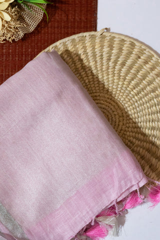 Baby Pink And Silver Pure Linen Saree