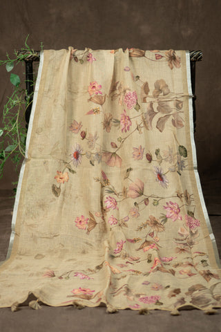 Linen dupatta with floral digital print and silver border	