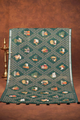 Bottle green linen dupatta with geometric lattice digital print, pink florals, silver zari selvage and tassels