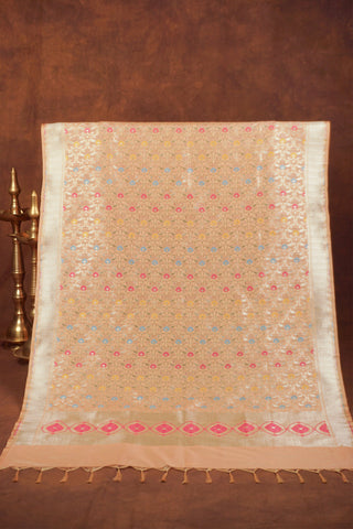 Peach gold Banarasi art silk dupatta with blue, pink and yellow floral meenakari motifs and gold zari border