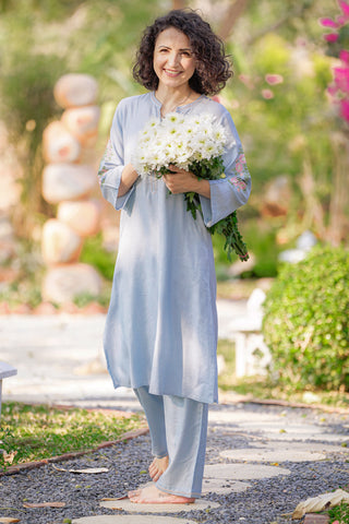 Blue Viscose Kurta and Pant Set with Kashmiri and Kantha Embroidery