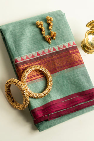 Pista Green Chettinad Cotton Saree with Magenta and Gold Peacock Border