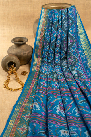 Peacock Blue Art Silk Patola Print Saree with Navratan and elephant motifs