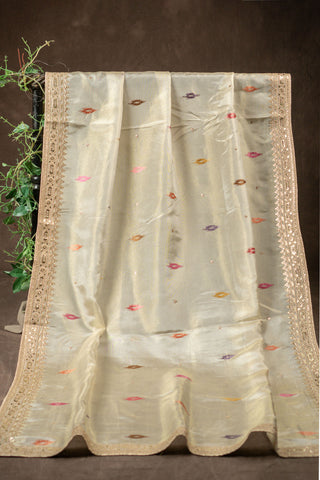 Gold tissue silk dupatta with heavy zari embroidery and maroon piping border