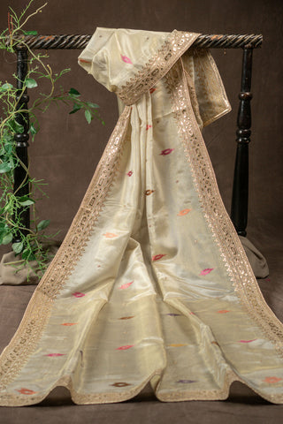 Gold tissue silk dupatta with heavy zari embroidery and maroon piping border