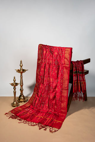 Red pure silk Ikat dupatta with geometric motifs and tassels
