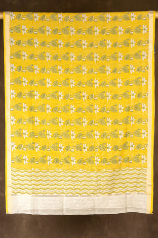 Yellow Chanderi dupatta with lotus print and zig zag pallu