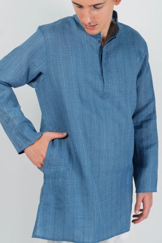 Steel Blue Kantha Embroidered Short Kurta