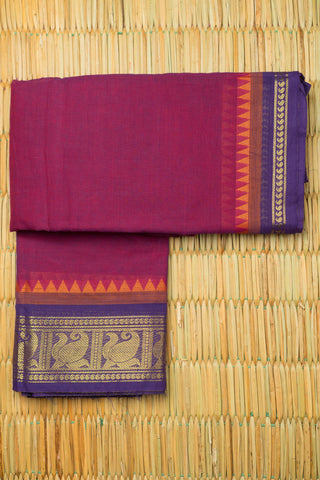Rani pink and purple dhoop-chaon Chettinad cotton saree with gold zari peacock border motif