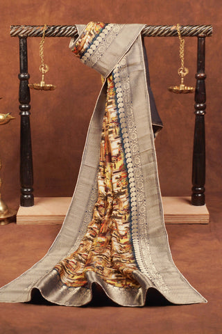 Dola silk dupatta with digital print of Indian royal darbar procession, navy floral jaal and antique silver zari border