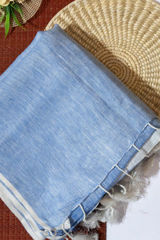 Powder Blue and White Pure Linen Saree