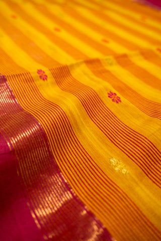 Yellow and Rani Pink Silk Cotton Maheshwari Saree