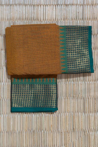Mustard and Brown Chettinad Cotton Saree with Green Temple Border