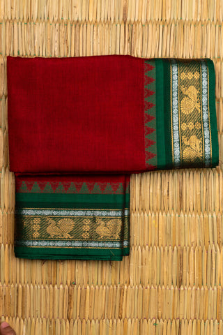 Deep Red Chettinad Cotton Saree with Green and Gold Peacock Zari Border