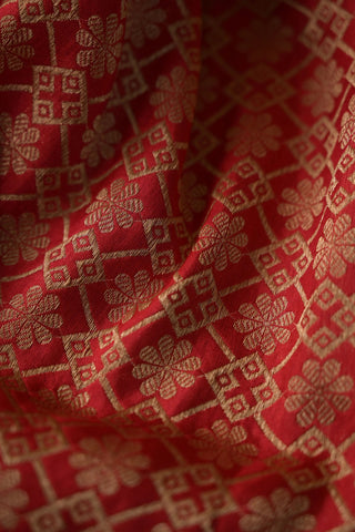 Crimson Red Banarasi Silk Saree with zari motifs and teal border