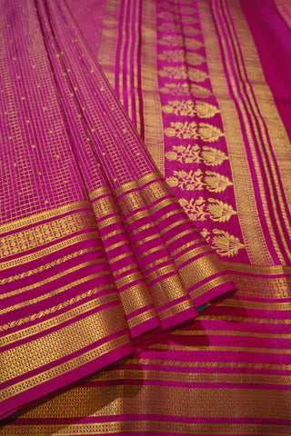 Vibrant Fuschia Pink Mysore Crepe Silk Saree Gold Zari Stripes Motifs