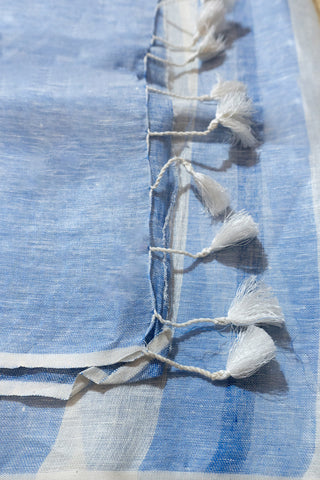Powder Blue and White Pure Linen Saree