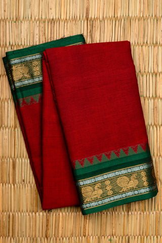 Deep Red Chettinad Cotton Saree with Green and Gold Peacock Zari Border