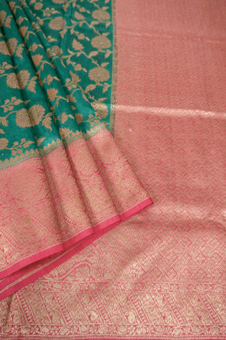 Emerald Green Banarasi Saree with Zari Floral Jaal and Red Border