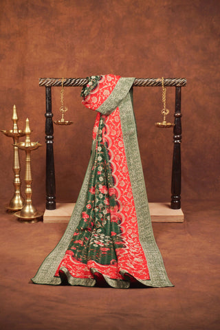 Bottle green Bandhani-pattern Dola silk dupatta with floral motifs, scalloped red zari border and woven green Banarasi edge