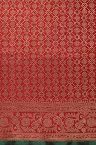 Crimson Red Banarasi Silk Saree with zari motifs and teal border
