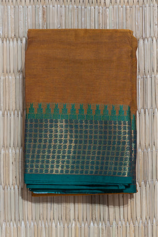 Mustard and Brown Chettinad Cotton Saree with Green Temple Border