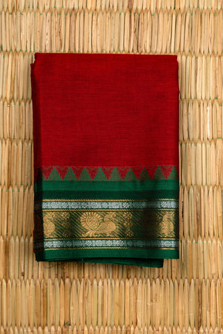 Deep Red Chettinad Cotton Saree with Green and Gold Peacock Zari Border
