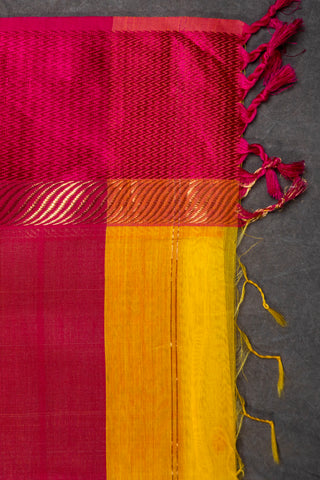 Yellow and Rani Pink Silk Cotton Maheshwari Saree