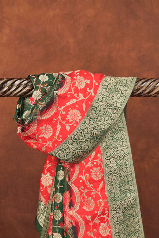 Bottle green Bandhani-pattern Dola silk dupatta with floral motifs, scalloped red zari border and woven green Banarasi edge