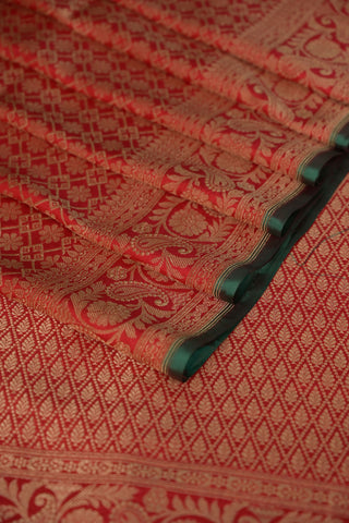 Crimson Red Banarasi Silk Saree with zari motifs and teal border