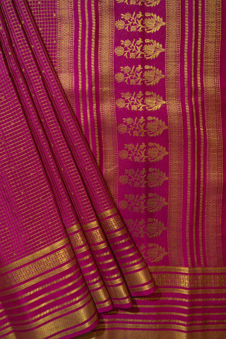 Vibrant Fuschia Pink Mysore Crepe Silk Saree Gold Zari Stripes Motifs