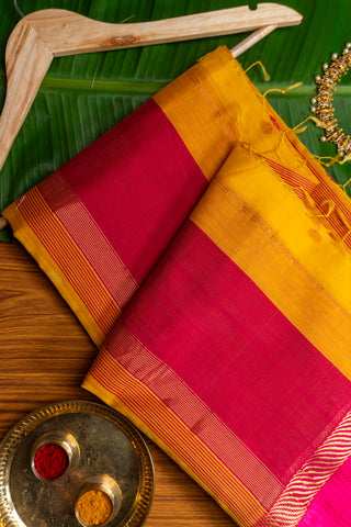 Yellow and Rani Pink Silk Cotton Maheshwari Saree